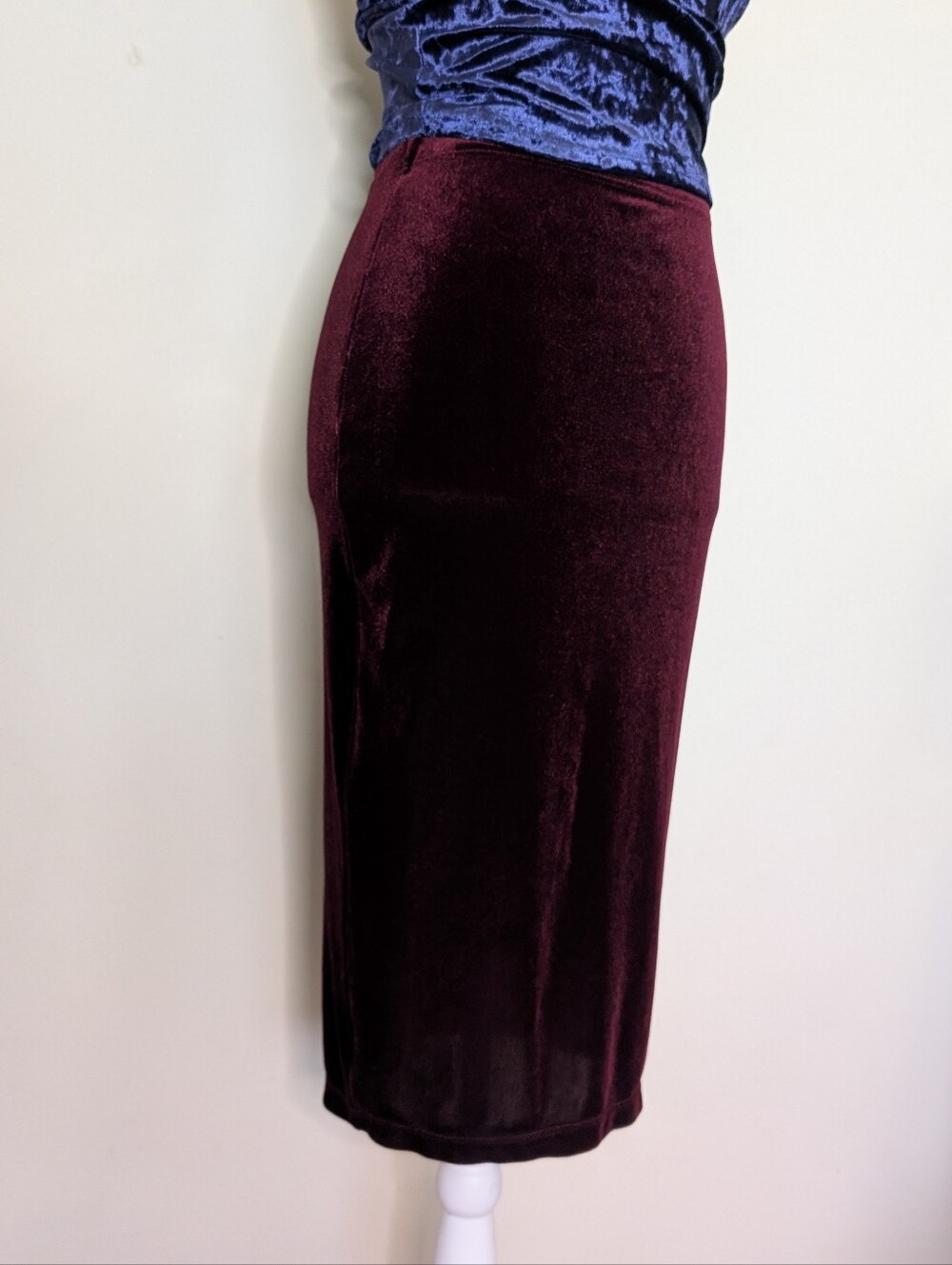 Burgundy Velvet Midi Skirt With Slit